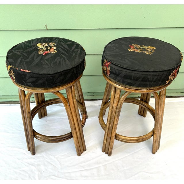 Traditional 1980s Rattan Bamboo Upholstered Bar Stools – Aviary Fabric, Set of Two For Sale - Image 3 of 11