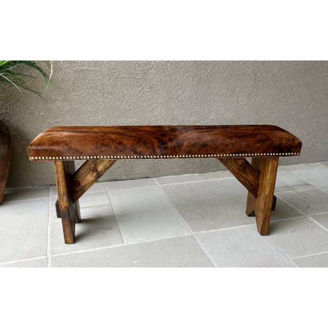 Circa 2000 Western Chic Hair-on-Hide Ranch-Style Accent Bench With Brass Nailhead Trim For Sale - Image 14 of 18