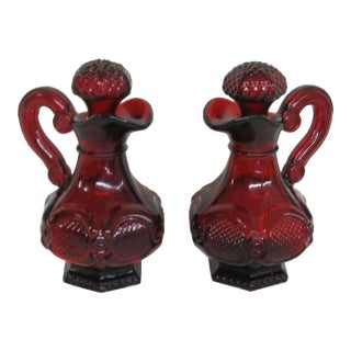Avon Cape Cod Collection Ruby Red Glass Cruet Oil and Vinegar Set of Two 4203b For Sale