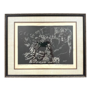 Vintage 1953 Miron Sima Woodblock Print “Friday Evening at the Rabbi” Signed Jewish Wall Art For Sale