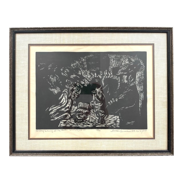 Vintage 1953 Miron Sima Woodblock Print “Friday Evening at the Rabbi” Signed Jewish Wall Art For Sale