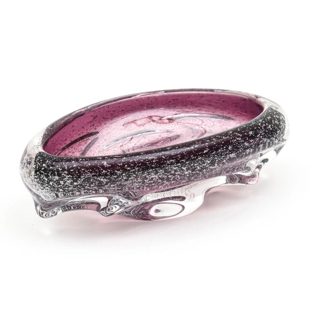 This gorgeous vintage chunky Murano purple bowl by Seguso has abundant bubbles that look like silver foil and is called...