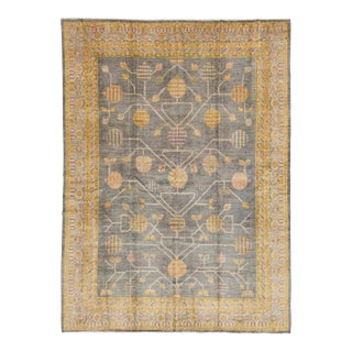 Modern Khotan-Style Pomegranate Tree Charcoal Wool Area Rug For Sale