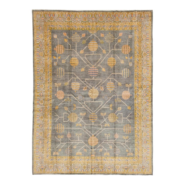 Modern Khotan-Style Pomegranate Tree Charcoal Wool Area Rug For Sale