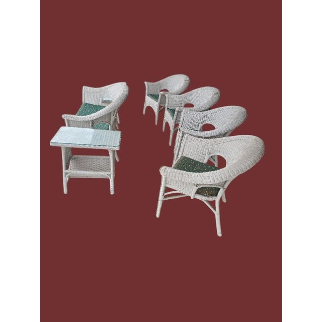 Coastal Vintage Coastal White Wicker 7-Piece Conversation Set With Loveseat, Four Chairs & Glass Top Tables For Sale - Image 3 of 11