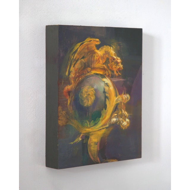 Neoclassical Circle of Fire by Elena Burykina | Oil on panel Abstract depiction of a fiery orb with mythical creatures. For Sale - Image 3 of 5