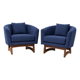 Mid-Century Club Chairs in Blue Chenille, a Pair For Sale