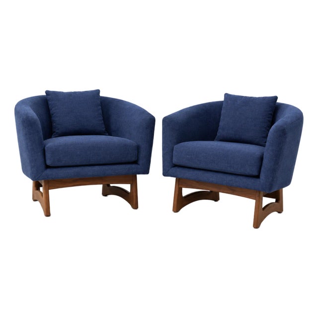 Mid-Century Club Chairs in Blue Chenille, a Pair For Sale