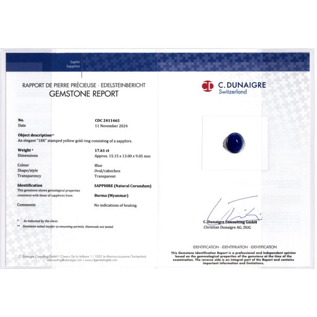 17.61 CTW Mid-Century No Heat Burmese Sapphire 18k Yellow Gold Ring, Size 7 For Sale - Image 11 of 11