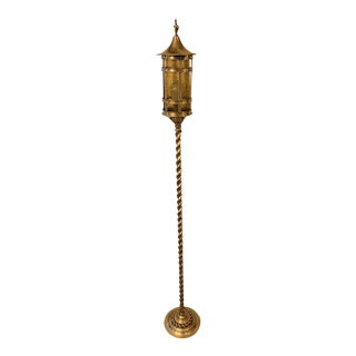 Mid 20th Century English Brass Barley Twist Floor Lamp With Lantern Top and Etched Slag Glass Shade For Sale