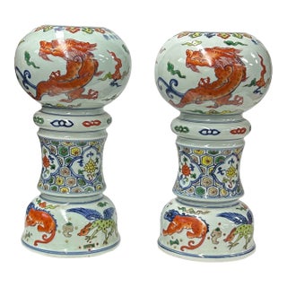 Pair Vintage Chinese WuCai Mythical Graphic Porcelain Candle Holder Vase Art For Sale