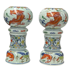 Pair Vintage Chinese WuCai Mythical Graphic Porcelain Candle Holder Vase Art