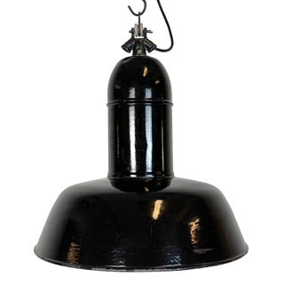 Industrial Black Enamel Factory Lamp with Cast Iron Top, 1930s For Sale