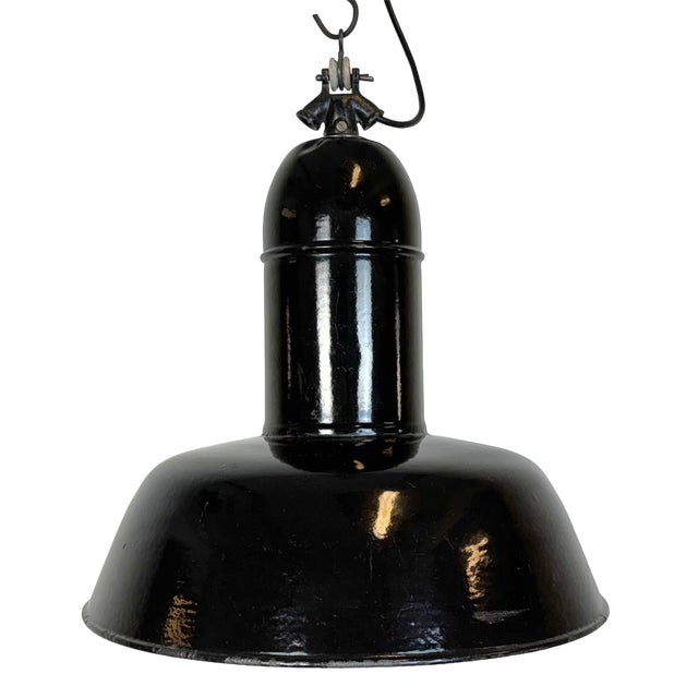 Industrial Black Enamel Factory Lamp with Cast Iron Top, 1930s For Sale