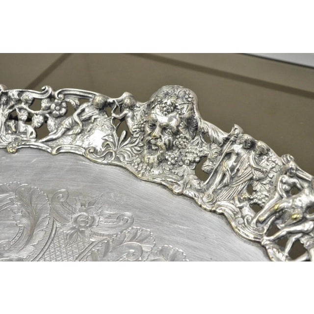 Antique French Renaissance Style Bacchanal Scene Silver Plated Bacchus Figural English Salver Tray. Item features ornate...