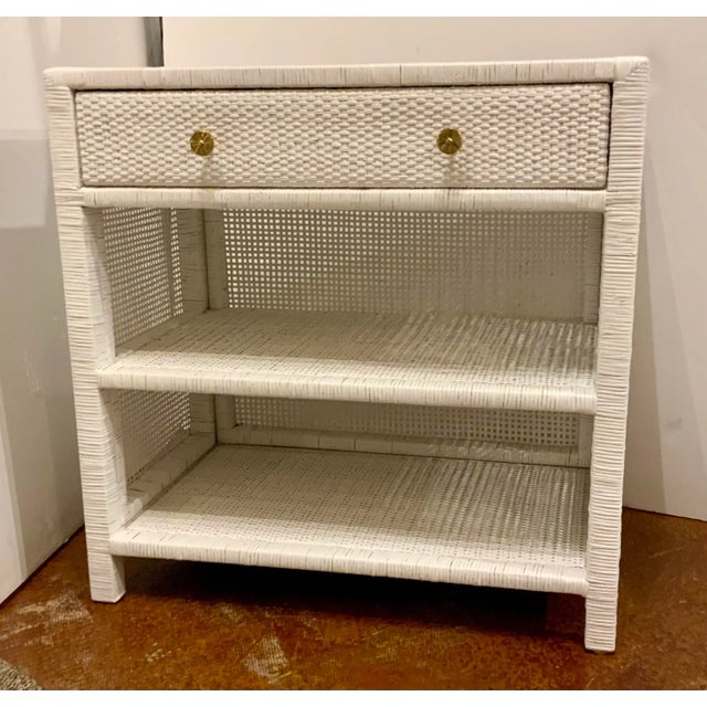 Original retail $2300, stylish Modern Goods Organic Modern White Rattan Isla Nightstand, one shelf, one drawer, brass...