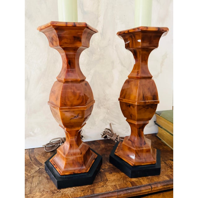 Stiffel Vintage Stiffel Company Mid Century Modern Faux Tortoise Shell Table Lamps - A Pair For Sale - Image 4 of 12