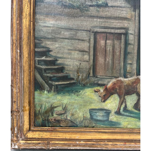 Wood Antique Tonalist Painting Farmyard With Animals Signed Charles P. Gruppe. For Sale - Image 7 of 9