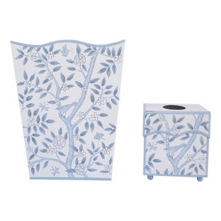 White & Blue Bird & Vine Tole Waste Basket & Tissue Box Set For Sale