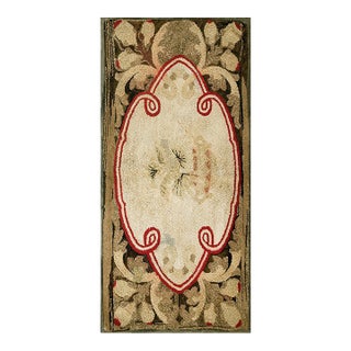 1890s Ivory Floral Folk Art Antique American Hooked Rug 2' 6" X 4' 0" Handknotted Wool Carpet For Sale