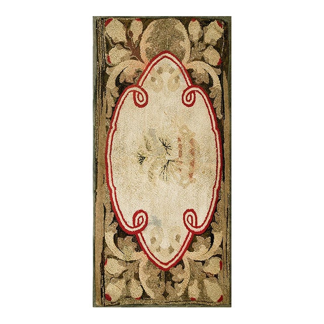 1890s Ivory Floral Folk Art Antique American Hooked Rug 2' 6" X 4' 0" Handknotted Wool Carpet For Sale