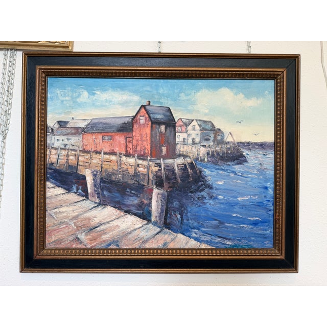 V. Caskey Coastal Harbor Vintage Oil Painting Signed 1975 Maritime Seascape Art For Sale - Image 9 of 12