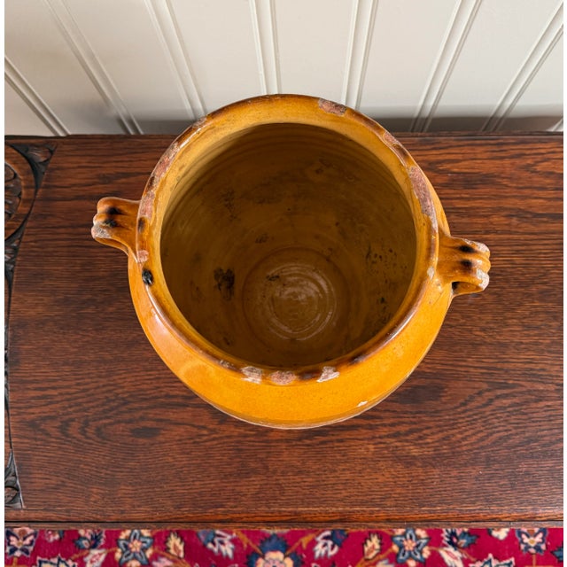 Antique French Country Confit Pot Pottery Jug Glazed Ochre Yellow Large #2 For Sale - Image 4 of 17