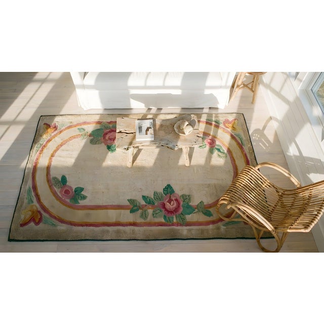 Interesting Tan Beige With Unique Oval and Florid Design Antique American Hooked Rug For Sale - Image 9 of 10