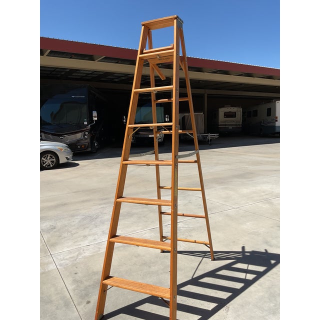 Farmhouse Vintage Wooden Painter’s Step Ladder With Folding Paint Shelf – Solid Wood – Rustic Farmhouse Decor For Sale - Image 3 of 16
