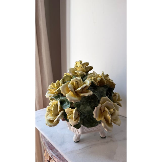 Vintage Italian Capodimonte-Style Porcelain Floral Arrangement Yellow Roses and Green Leaves Set Inside a White Textured Ceramic Basket. For Sale - Image 12 of 16