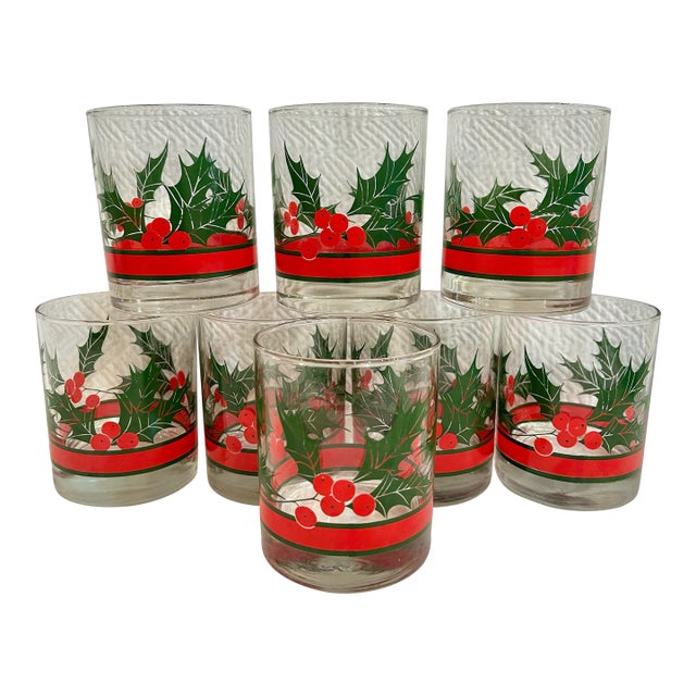 Vintage Libbey Glass “Holly and Berry” Christmas Holiday Double Old Fashioneds - A Set of 8 For Sale