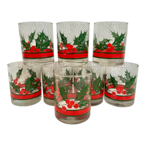 Vintage Libbey Glass “Holly and Berry” Christmas Holiday Double Old Fashioneds - A Set of 8