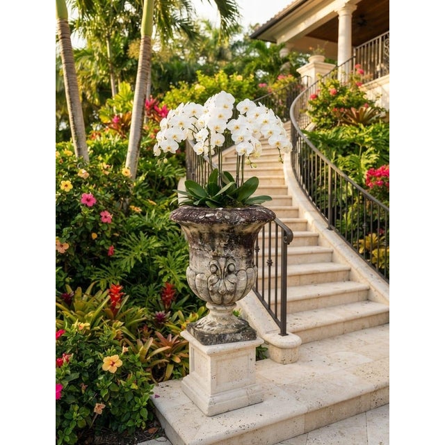 Vintage Classical Cast Stone Garden Urn With Fleur-De-Lis Relief & Weathered Patina For Sale - Image 9 of 12