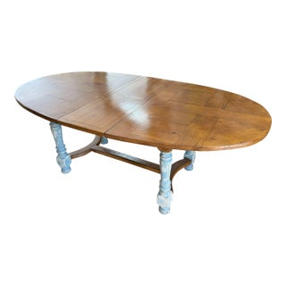 19th Century French Provincial Parquet Oak Extension Dining Table With Painted Louis XIII Base For Sale