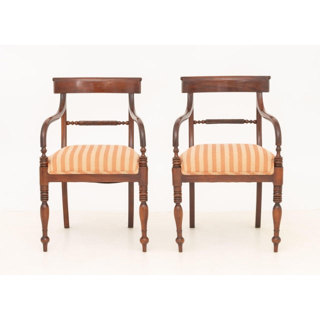 Pair of Regency Style Mahogany Armchairs. 33.5" H x 21.5" W x 17.5" D; seat: 19.5" H. Provenance: From a Roxbury,...