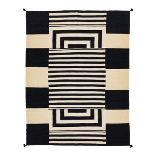 Modern Navajo-Style Hand-Knotted Wool Rug – Black & Cream Graphic Geometric For Sale