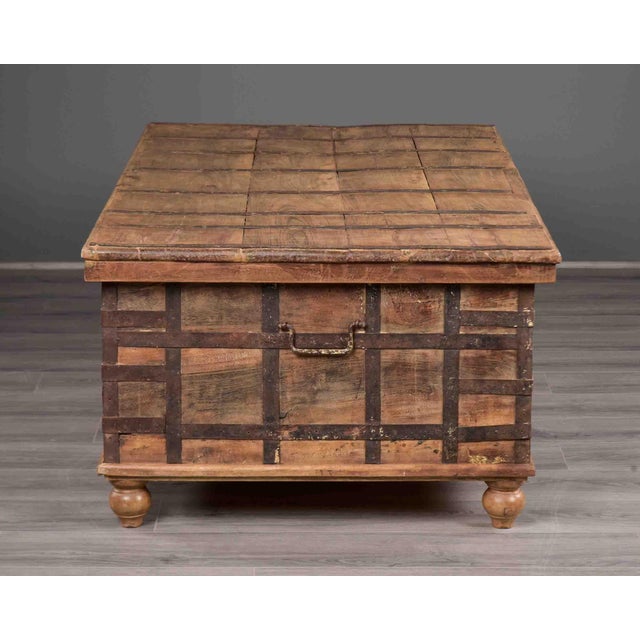 English 19th Century Large Anglo-Raj Iron-Bound Teak Trunk Table With Hinged Lid For Sale - Image 3 of 12