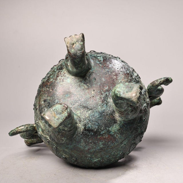 Late 19th Century Late 19th Century Bronze Tripod Censer With Deer Finial, 2400g, Archaic Motifs For Sale - Image 5 of 10