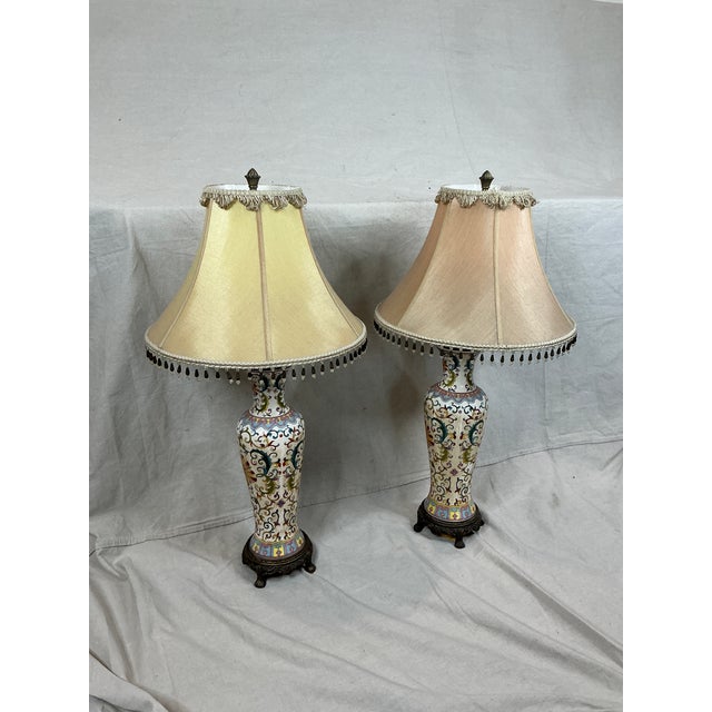 1970s Bombay Table Lamps Porcelain White Floral Oriental Accent Fringe Shades Set of 2 For Sale - Image 15 of 17