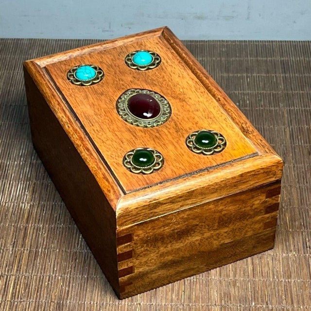 Brown Vintage Rosewood & Gemstone Inlaid Treasure Box / Jewelry Organizer With Drawer For Sale - Image 8 of 9