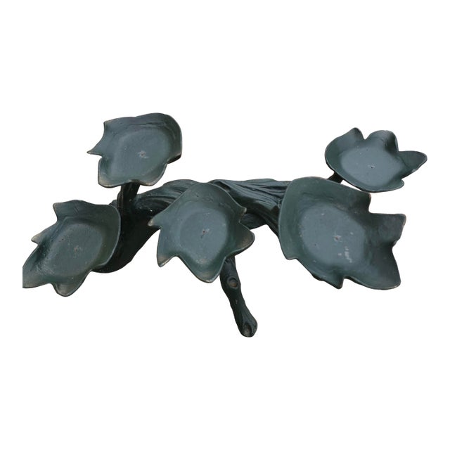 Mid-Century Cast Iron Five-Leaf Plant Stand With Swiveling Bowls, Rustic Garden Decor For Sale