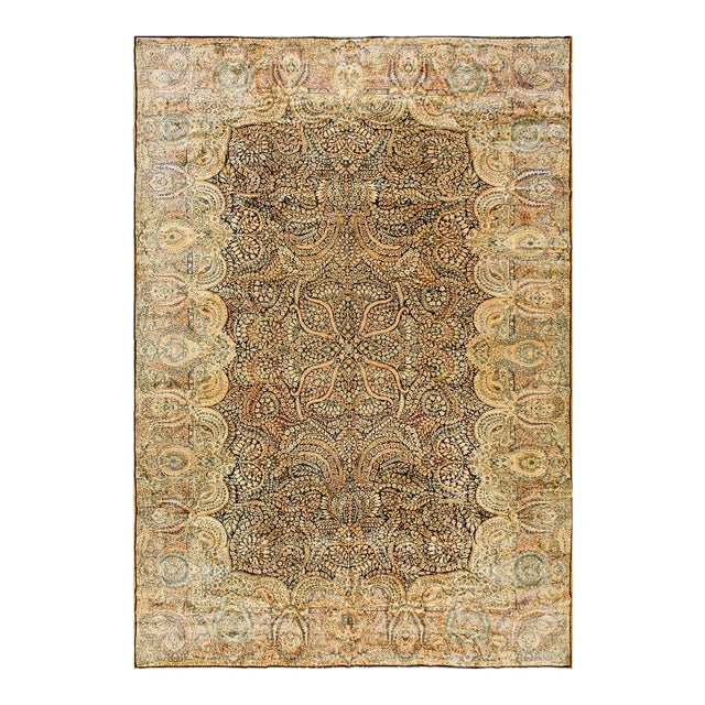 1930s Blue Navy Medallion Antique Persian Millefleur Kerman Rug 11'" X 17'4" Handwoven Wool Carpet For Sale