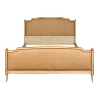 1940s French Louis XVI Style Painted Burlap Queen Bed For Sale
