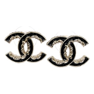 Chanel Gold CC Black Ruffle Piercing Earrings, A Pair For Sale