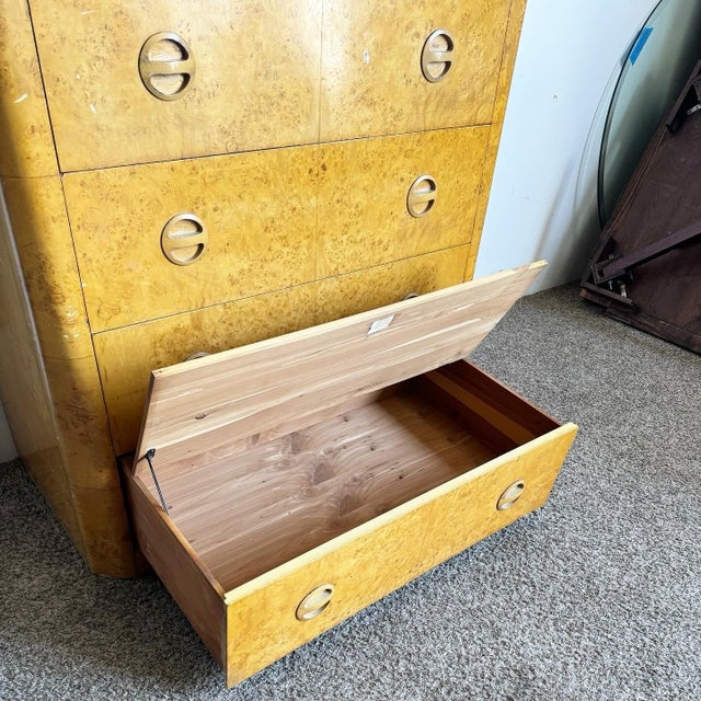 1950s Art Deco Birds Eye Maple Veneer Highboy With Cedar Storage in Bottom Drawer For Sale - Image 5 of 12