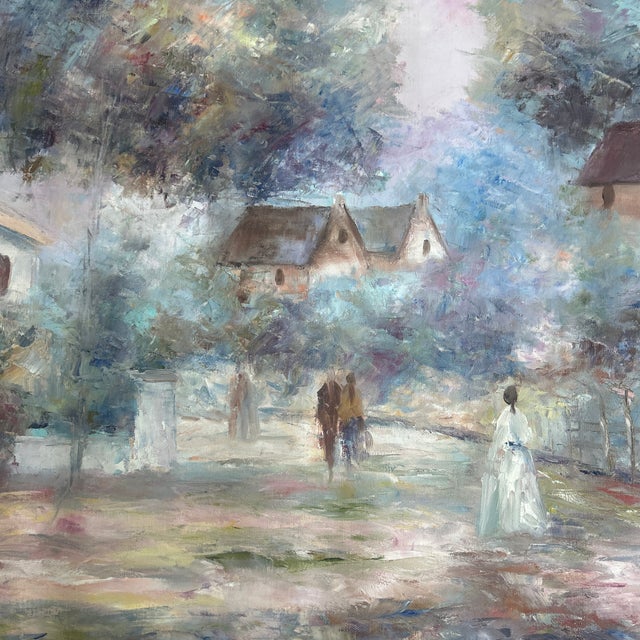 1950’s original impressionist village painting on unstretched canvas. Painting minus canvas border measures 30x24. Check...