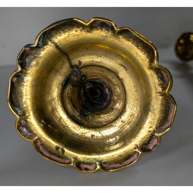 18th Century Pair of English Brass Queen Anne Candlesticks With Petal Base For Sale - Image 11 of 13