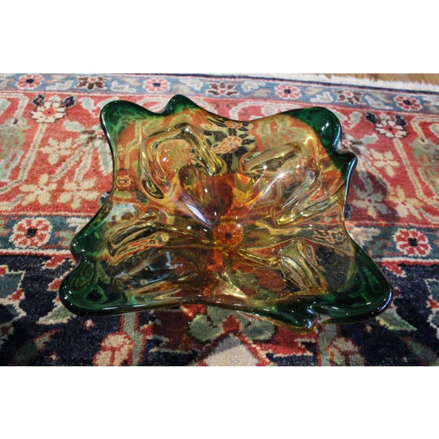 Mid-Century Modern Mid 20th Century Murano-Attributed Green & Amber Glass Centerpiece or Catchall For Sale - Image 3 of 6