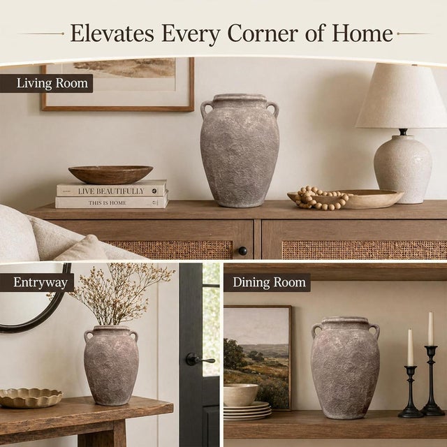 Rustic Brown Textured Ceramic Flower Vase With Vintage-Style Double Handles For Sale - Image 4 of 7