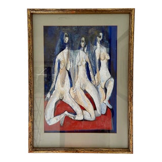 1970s Composition With Figures Figurative Gouache Painting by Zainab Reddy, Framed For Sale